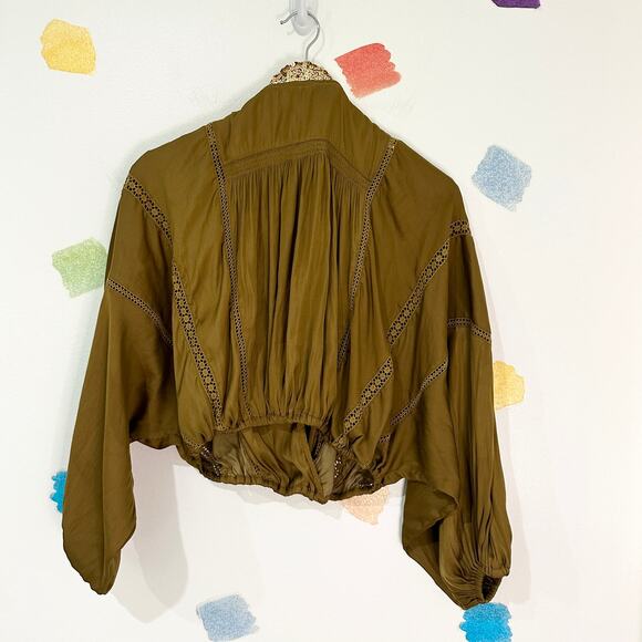 S Free People Olive Brown Deep V Neck Cutout Blouse - Picture 2 of 3